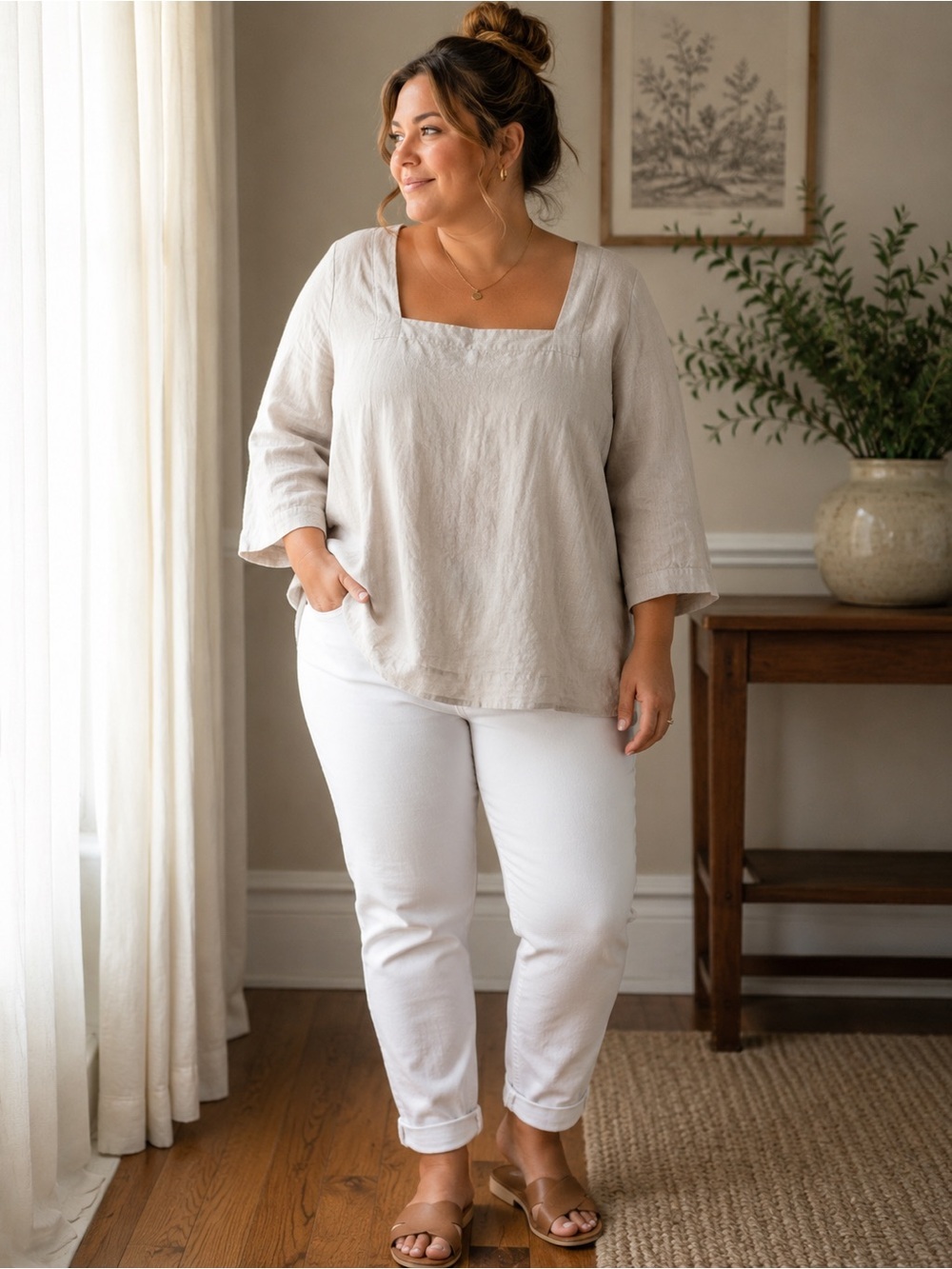 Boden Linen Plus Size Square-Neck Linen Top in Light Beige- Size 20/22